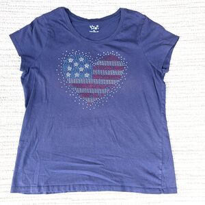 CATO WOMENS XL BLUE T SHIRT TOP RHINESTONE AMERICAN FLAG HEART USA SHORT SLEEVE